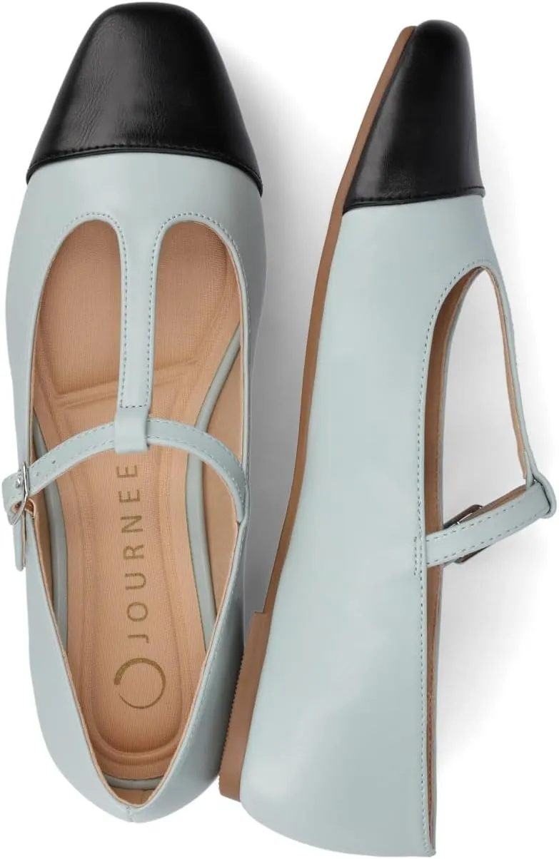 Journee Collection Womens Theah Mary Jane Buckle T-Strap Dress Flats Cushioned Two Tone Square Cap Toe Fashion Shoe
