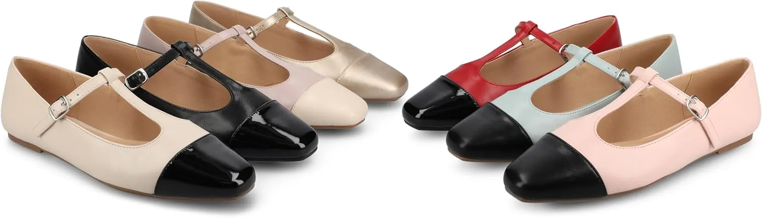 Journee Collection Womens Theah Mary Jane Buckle T-Strap Dress Flats Cushioned Two Tone Square Cap Toe Fashion Shoe