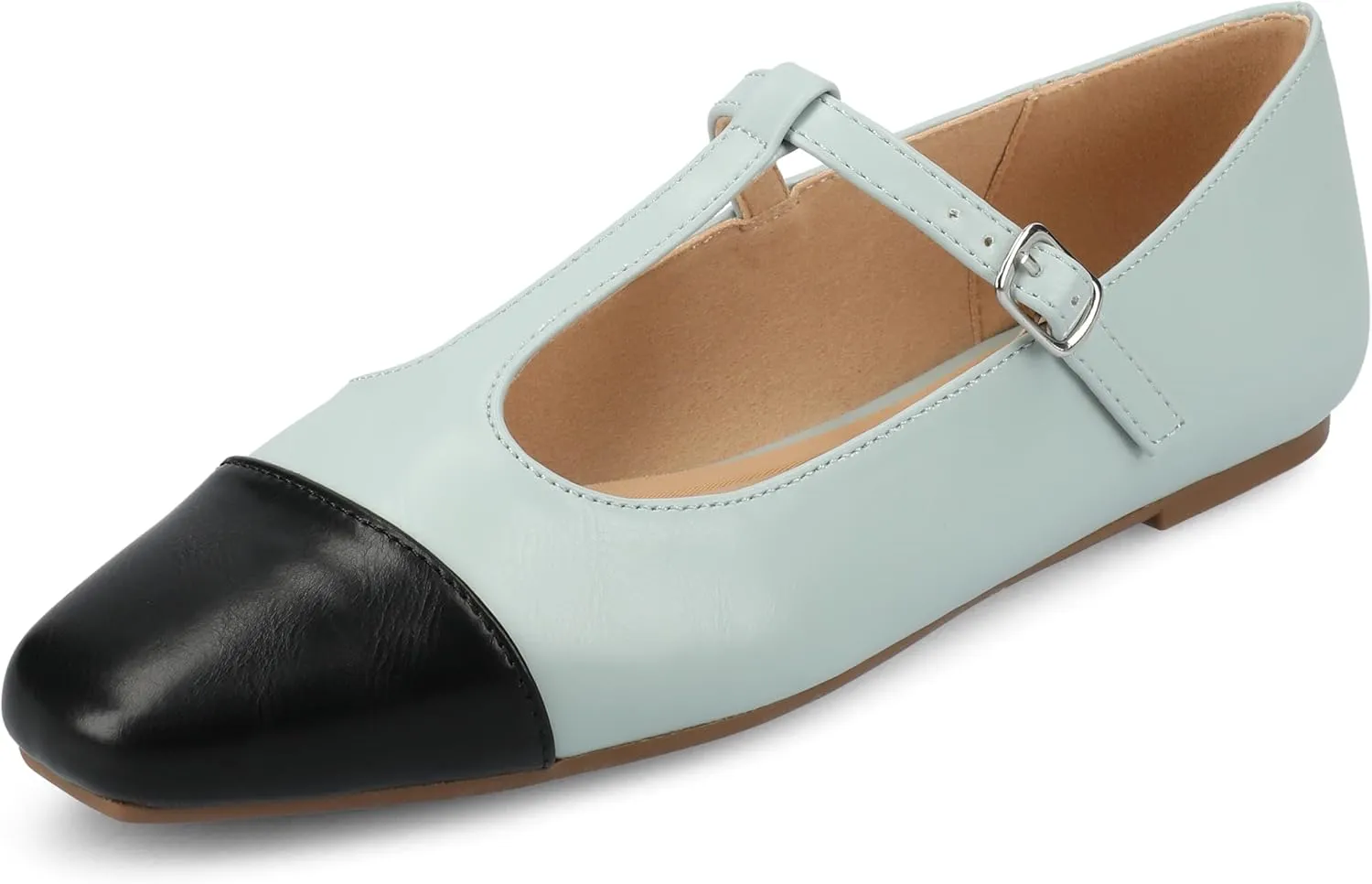 Journee Collection Womens Theah Mary Jane Buckle T-Strap Dress Flats Cushioned Two Tone Square Cap Toe Fashion Shoe