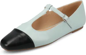 Journee Collection Womens Theah Mary Jane Buckle T-Strap Dress Flats Cushioned Two Tone Square Cap Toe Fashion Shoe