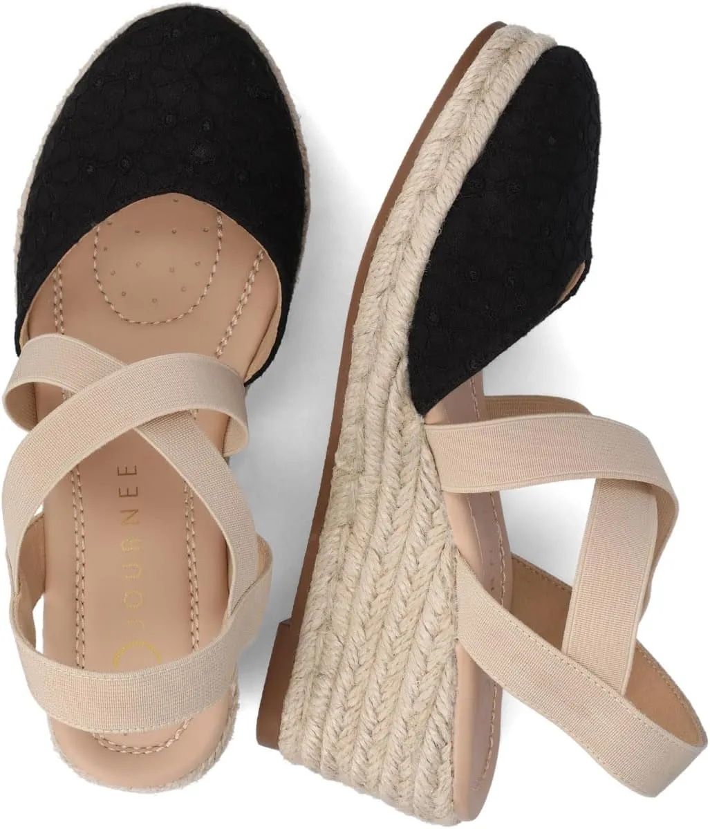 Journee Womens cushioned footbeds Ashlee wedge heel espadrille sandal soft fabric uppers ankle strap sandal round-toe