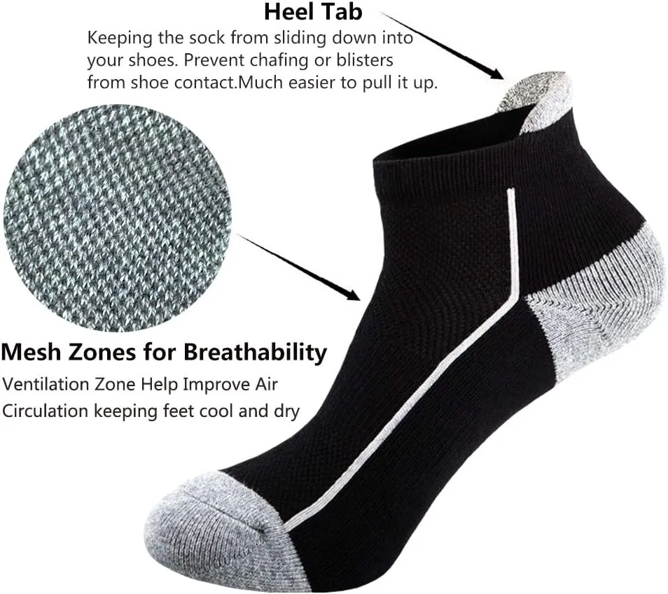 J.WMEET Mens Low Cut Ankle Athletic Socks Cotton Mesh Cushioned Running Ventilation Sports Tab Socks 5Pack