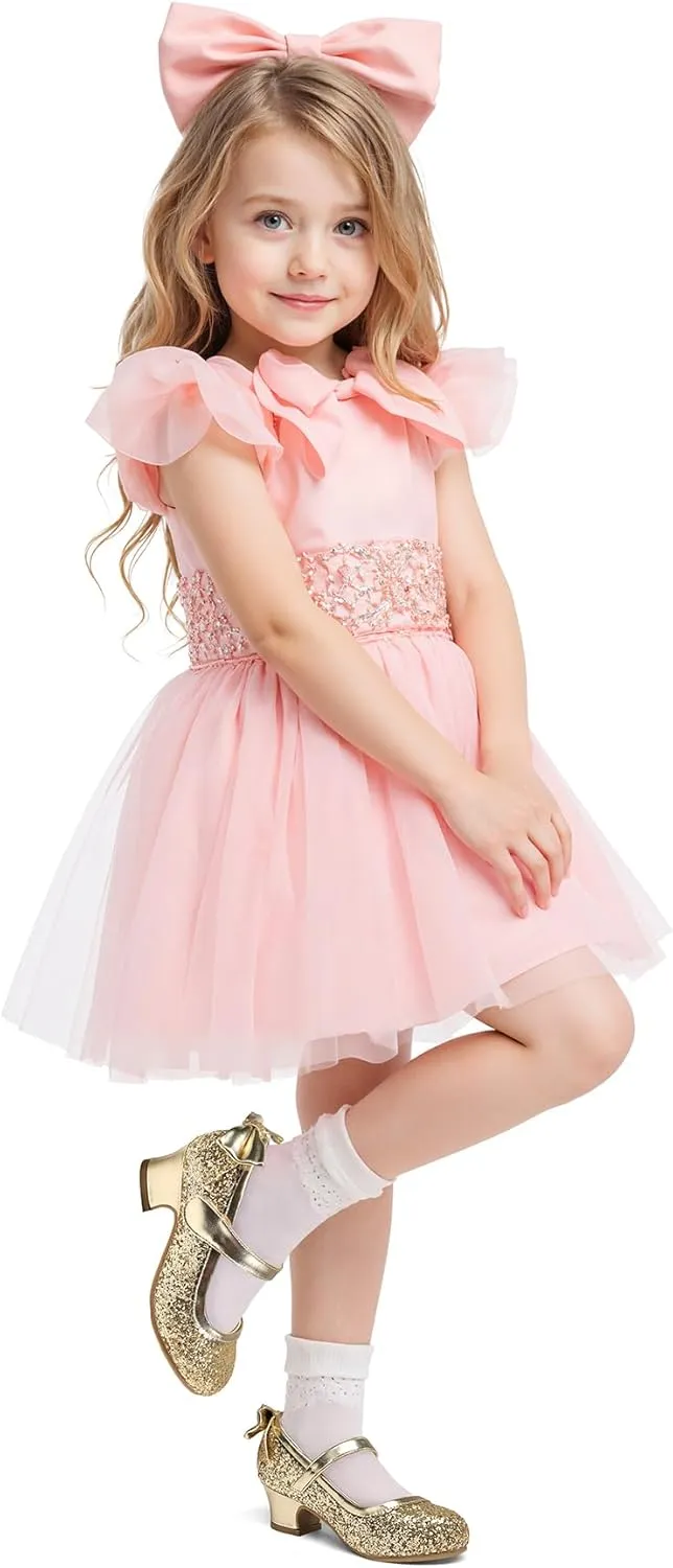K KomForme Girls Dress Shoes Glitter Mary Jane Pumps with Bow, Low Heel Party Wedding Princess Shoes (Toddler/Little Kids/Big Kids)