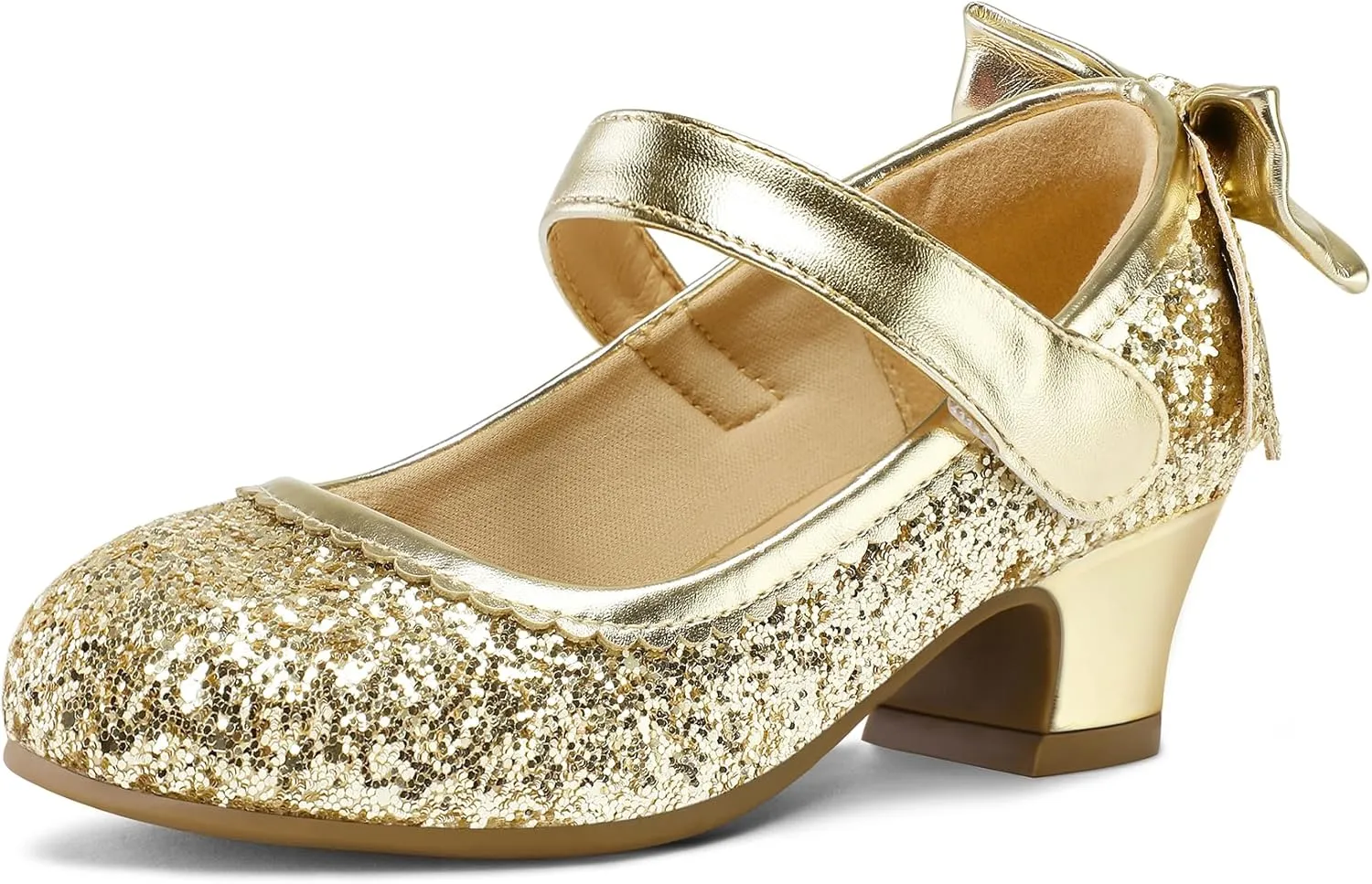 K KomForme Girls Dress Shoes Glitter Mary Jane Pumps with Bow, Low Heel Party Wedding Princess Shoes (Toddler/Little Kids/Big Kids)