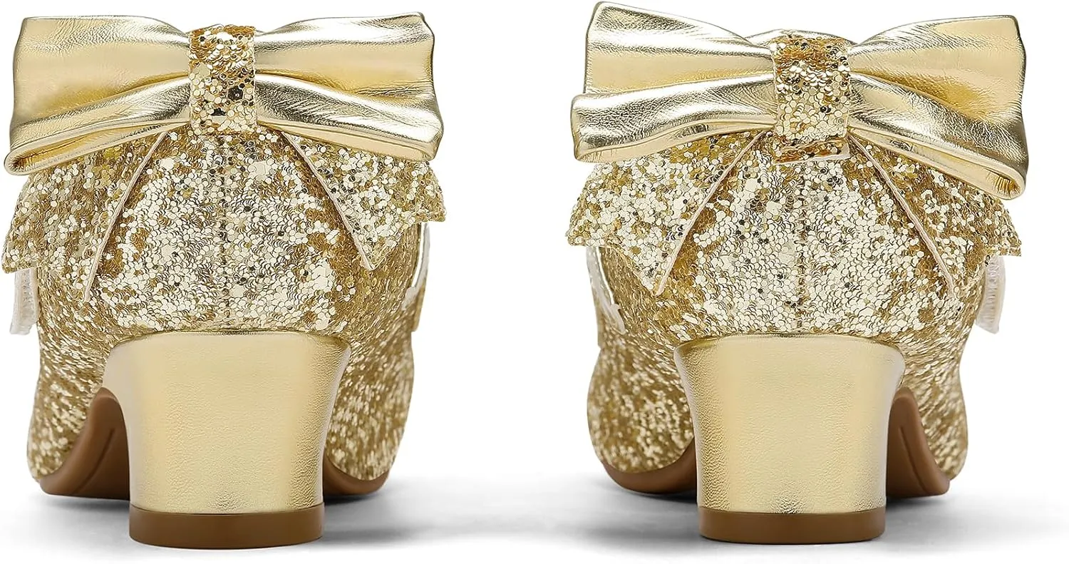 K KomForme Girls Dress Shoes Glitter Mary Jane Pumps with Bow, Low Heel Party Wedding Princess Shoes (Toddler/Little Kids/Big Kids)