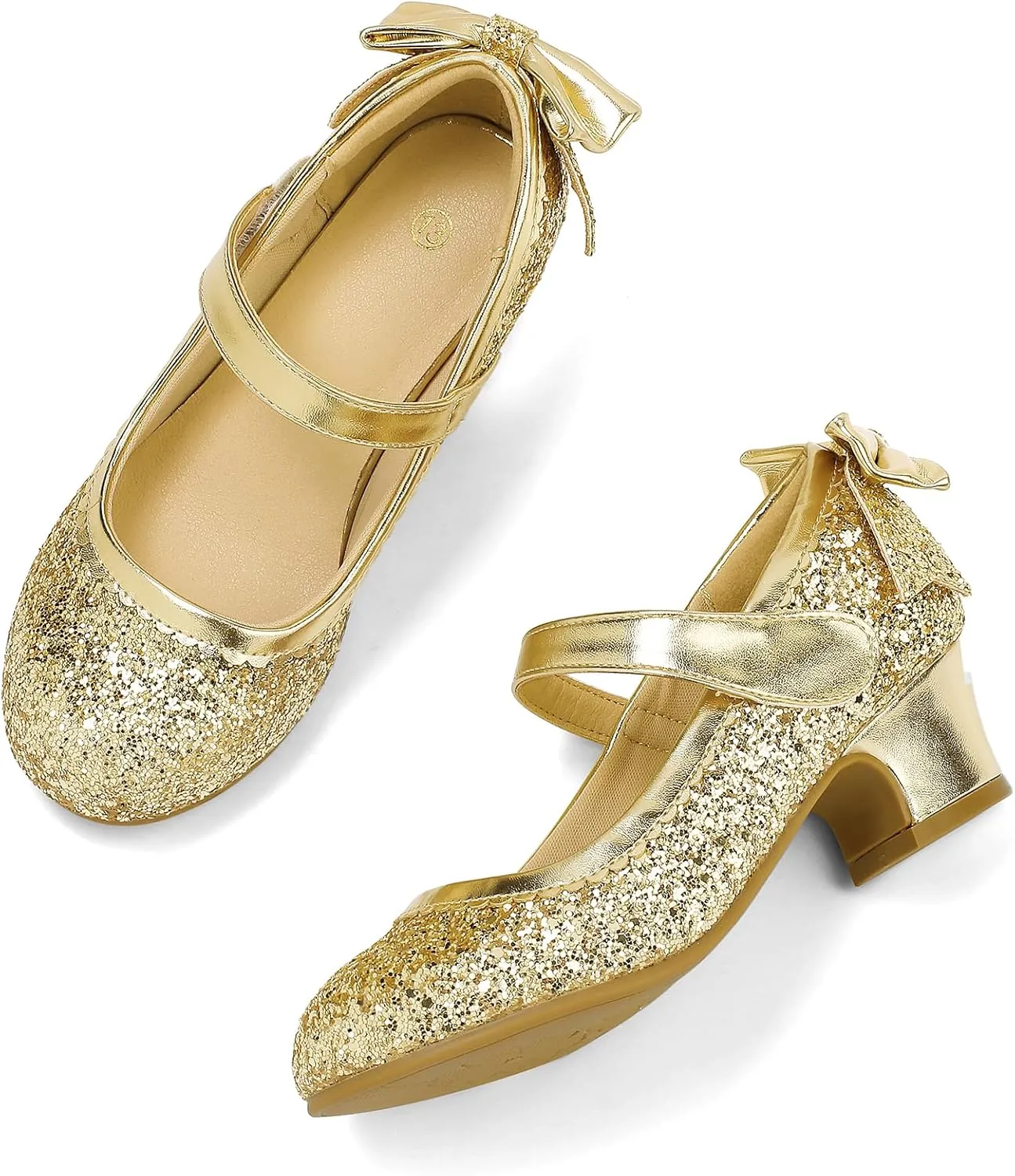 K KomForme Girls Dress Shoes Glitter Mary Jane Pumps with Bow, Low Heel Party Wedding Princess Shoes (Toddler/Little Kids/Big Kids)