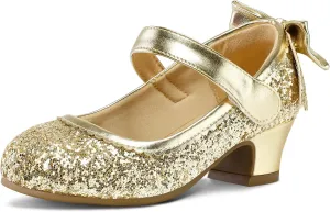 K KomForme Girls Dress Shoes Glitter Mary Jane Pumps with Bow, Low Heel Party Wedding Princess Shoes (Toddler/Little Kids/Big Kids)