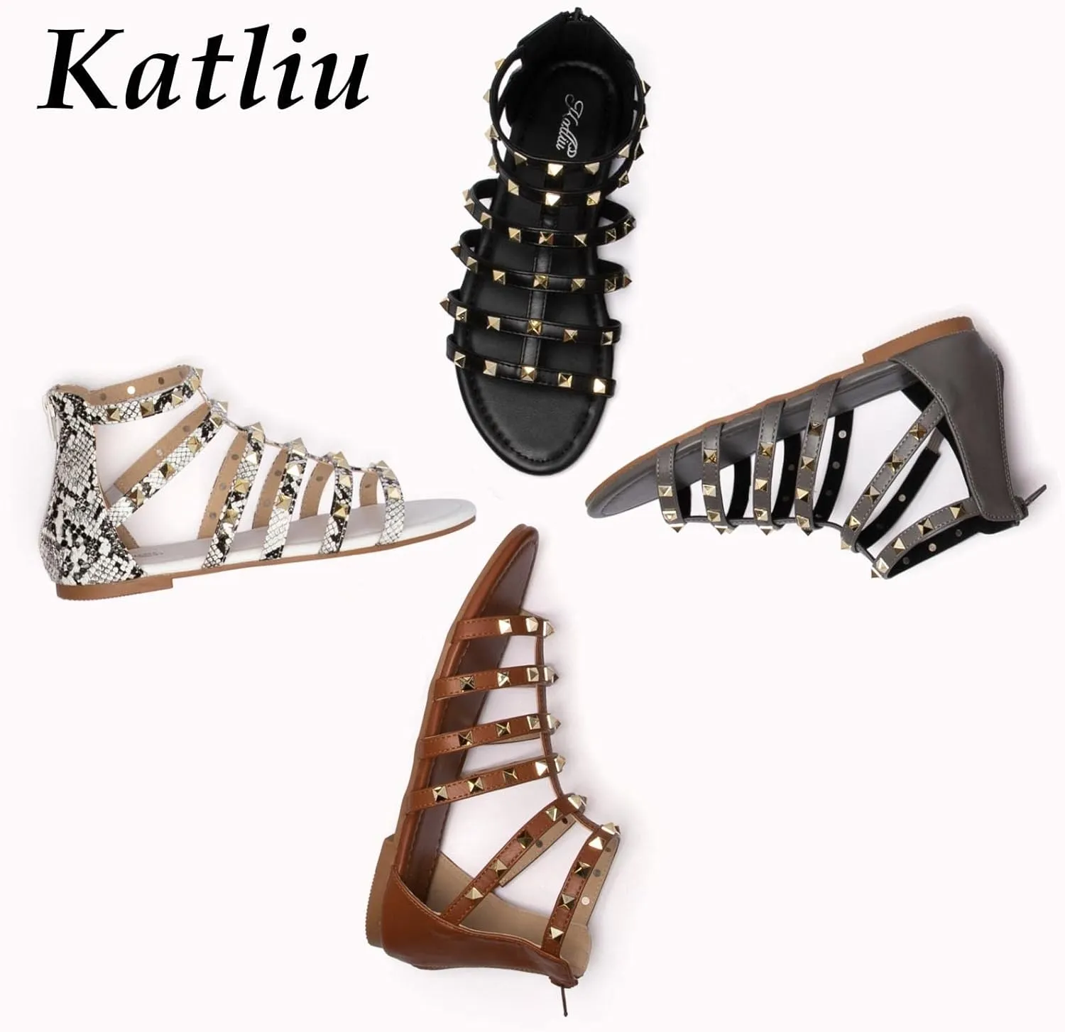 katliu Women's Gladiator Sandal Flat Strap Sandals Two Ankle Buckle