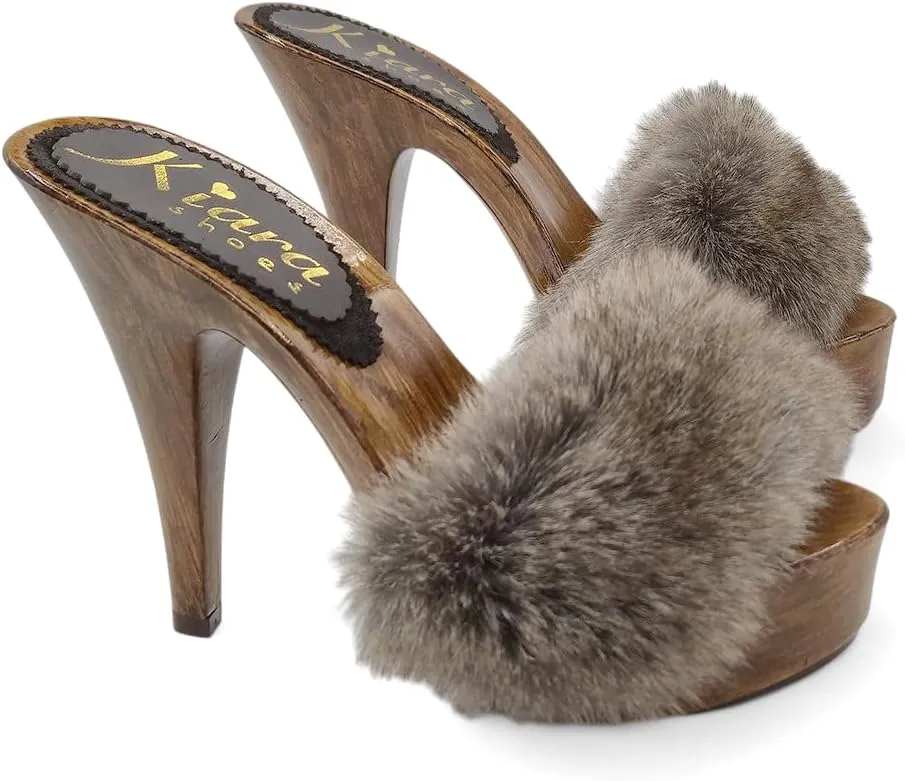 Kiara Shoes Women's Clogs with 13 cm Heel & Fur - Made in Italy - K9240 Visone