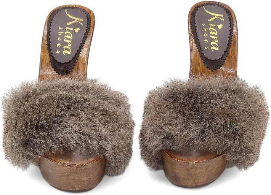 Kiara Shoes Women's Clogs with 13 cm Heel & Fur - Made in Italy - K9240 Visone