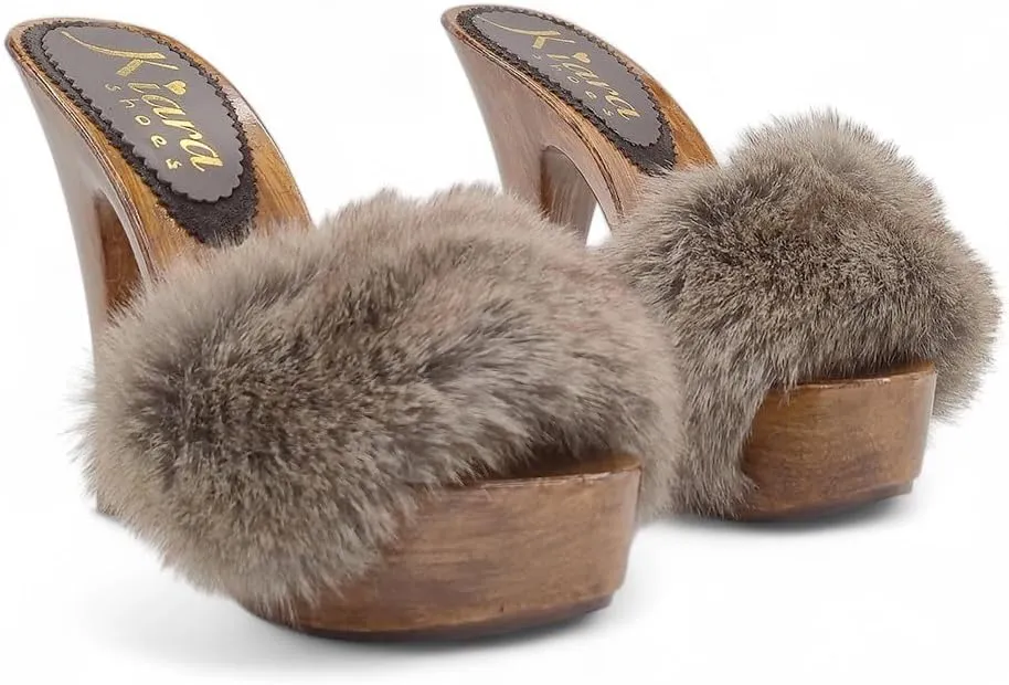 Kiara Shoes Women's Clogs with 13 cm Heel & Fur - Made in Italy - K9240 Visone