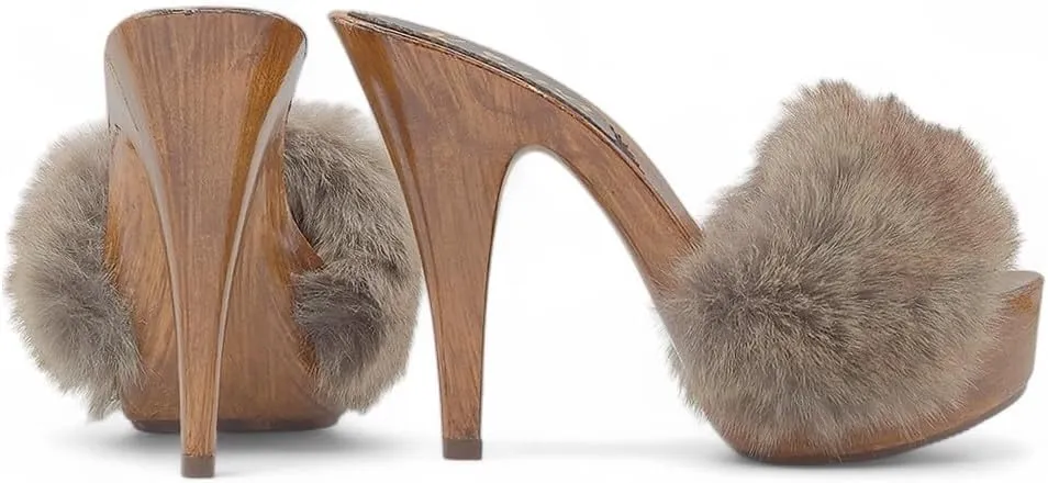 Kiara Shoes Women's Clogs with 13 cm Heel & Fur - Made in Italy - K9240 Visone