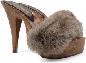 Kiara Shoes Women's Clogs with 13 cm Heel & Fur - Made in Italy - K9240 Visone