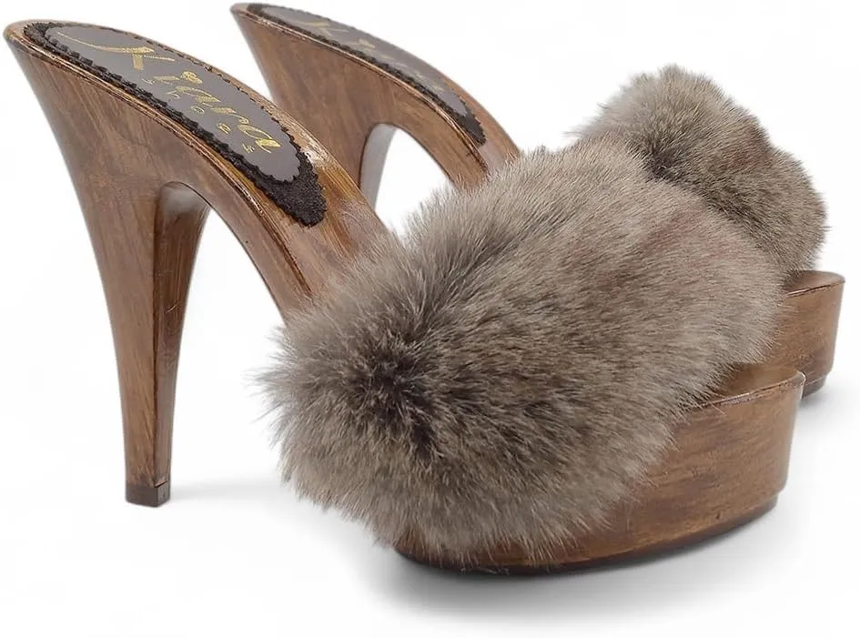 Kiara Shoes Women's Clogs with 13 cm Heel & Fur - Made in Italy - K9240 Visone