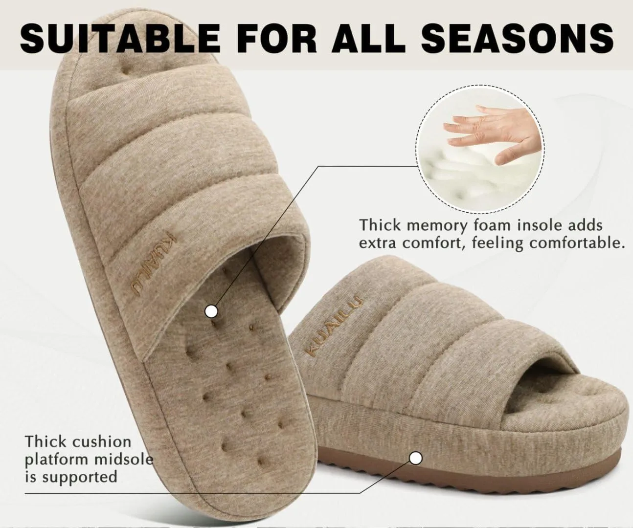KuaiLu Men's Fashion Quilted Cotton-blend Fabric Sandal Slippers Cozy Memory Foam Indoor/Outdoor House Shoes with Lightweight Soft Cushion Footbed Hard Rubber Sole