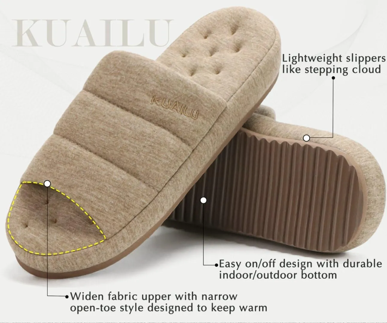 KuaiLu Men's Fashion Quilted Cotton-blend Fabric Sandal Slippers Cozy Memory Foam Indoor/Outdoor House Shoes with Lightweight Soft Cushion Footbed Hard Rubber Sole