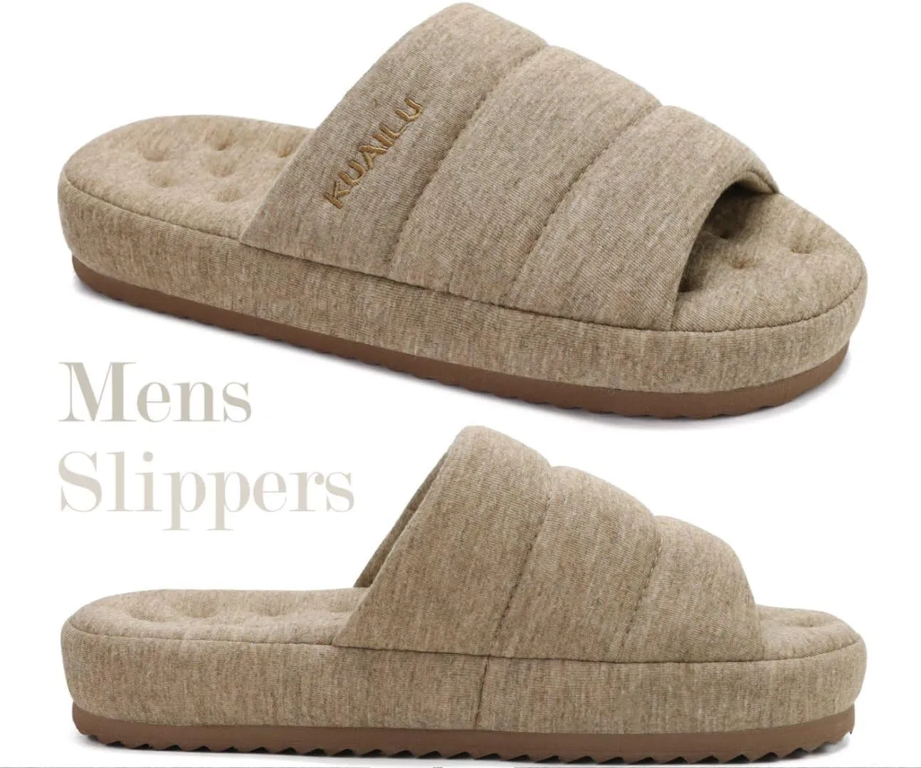 KuaiLu Men's Fashion Quilted Cotton-blend Fabric Sandal Slippers Cozy Memory Foam Indoor/Outdoor House Shoes with Lightweight Soft Cushion Footbed Hard Rubber Sole