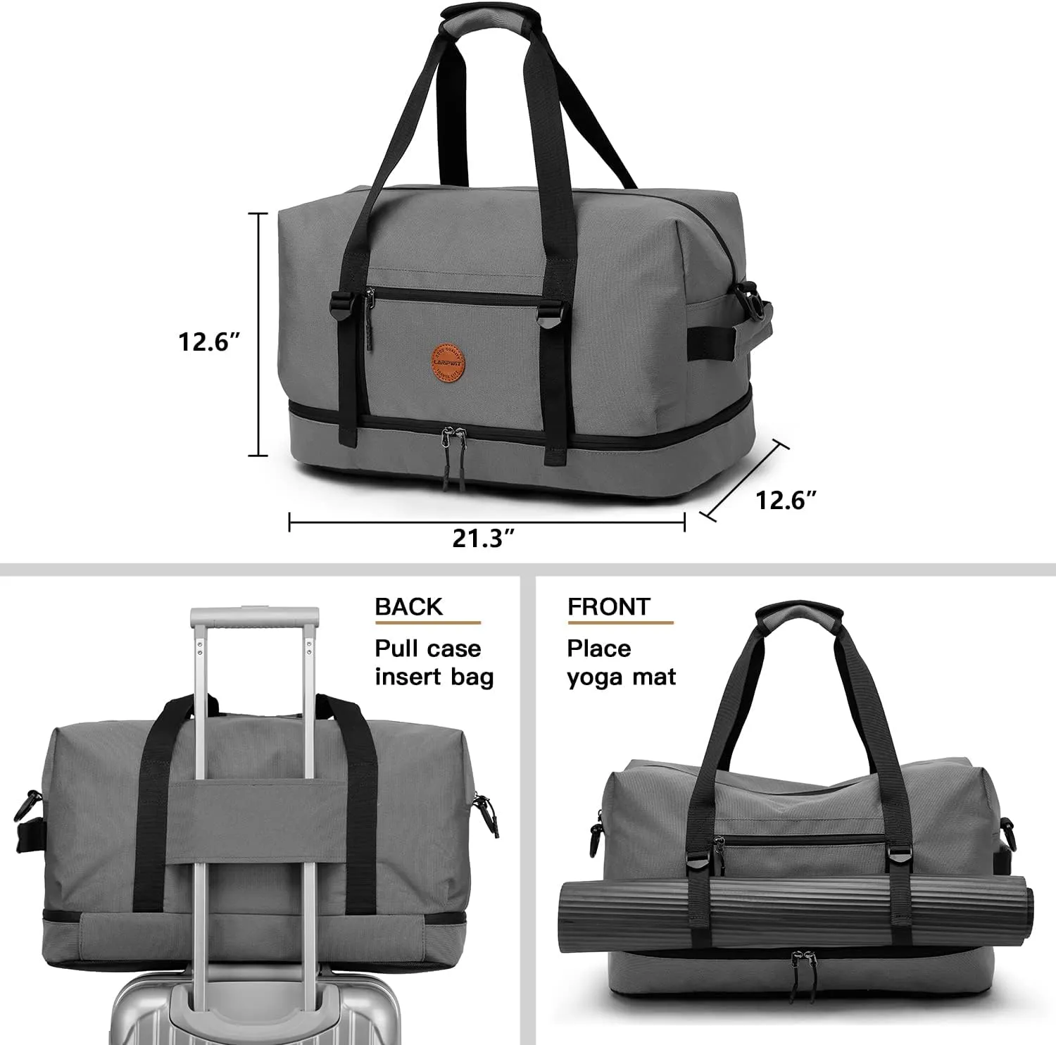 Laripwit Duffle Bag Large Size Gym Bags for Men Waterproof Travel Duffel Bag for Women Weekender Bag with Shoes Compartment Overnight Bag 55 L, Grey