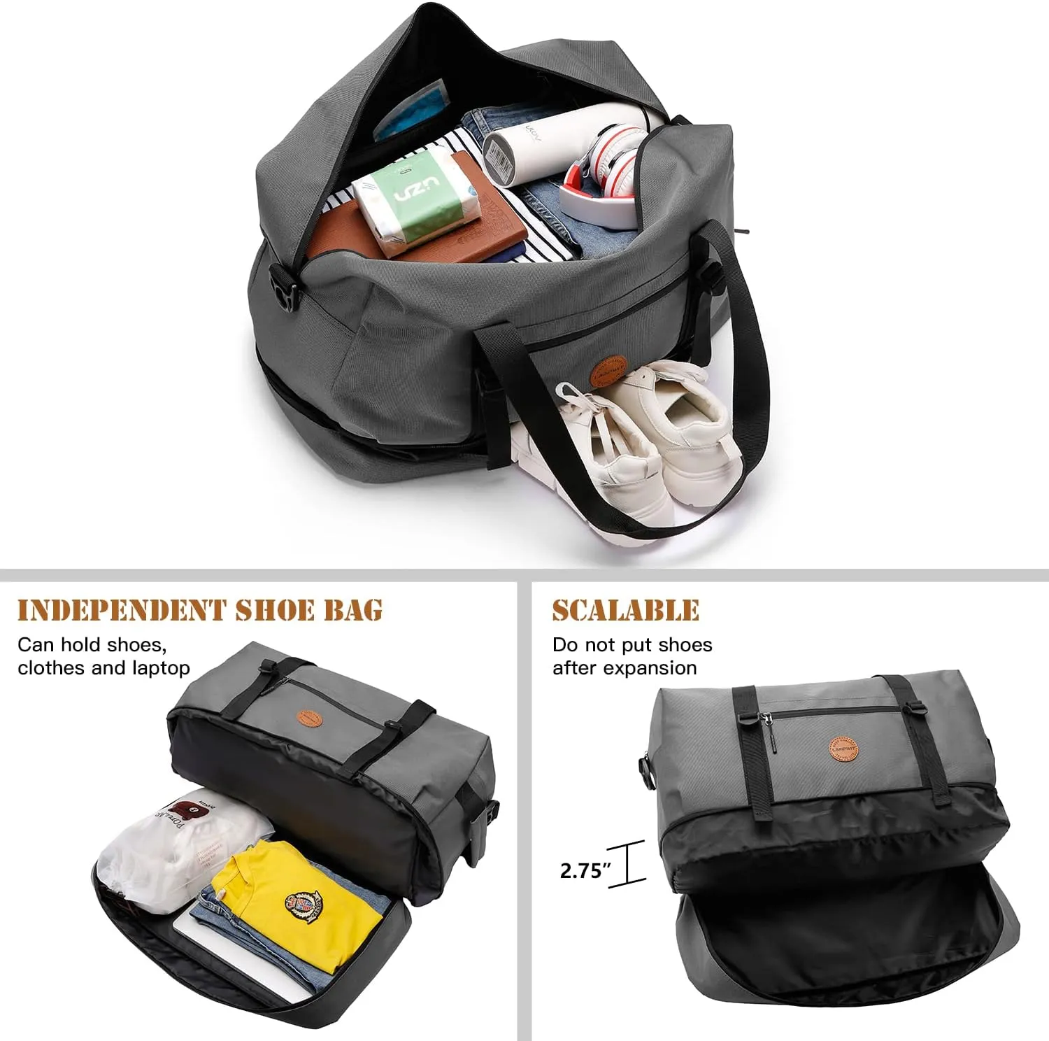 Laripwit Duffle Bag Large Size Gym Bags for Men Waterproof Travel Duffel Bag for Women Weekender Bag with Shoes Compartment Overnight Bag 55 L, Grey
