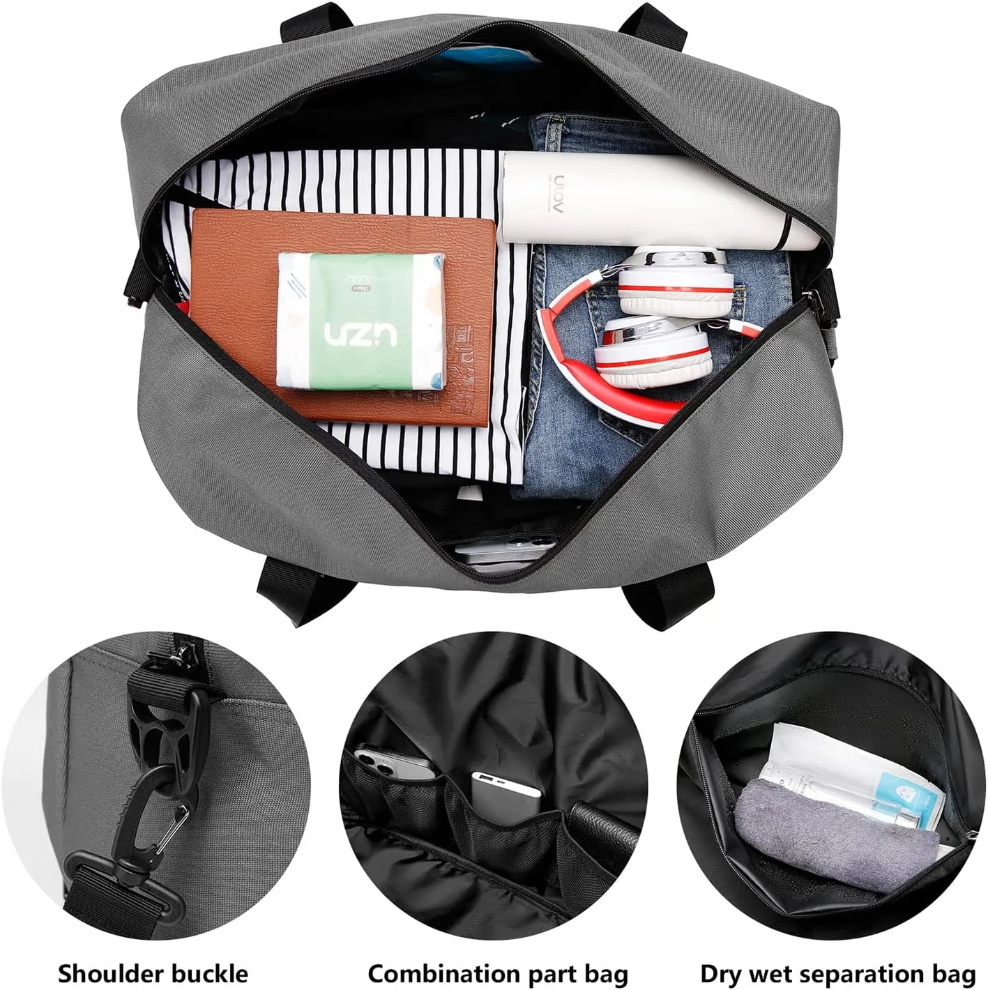 Laripwit Duffle Bag Large Size Gym Bags for Men Waterproof Travel Duffel Bag for Women Weekender Bag with Shoes Compartment Overnight Bag 55 L, Grey
