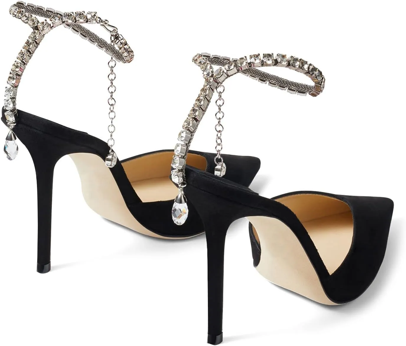 LauraVicci Women's Heeled Sandals Crystal Chain Ankle Straps Rhinestones Buckle High Heels Stiletto Slip On Wedding Party Satin Dress Shoes