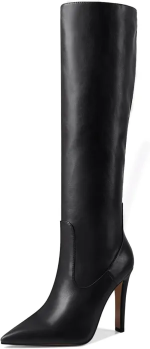 LEMUTISME Women's Classic Pointed Toe Matte Leather Stitchcraft Slouchy Wide Calf Slip On Elegant Stiletto High High Knee High Boots Black Size 8