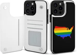 LGBT U.S. Flag Map Printed Flip Wallet Phone Case Compatible with iPhone 15/iPhone 15 Plus/iPhone 15 Pro/iPhone 15 Pro Max Protective Cover with Card Holder Kickstand