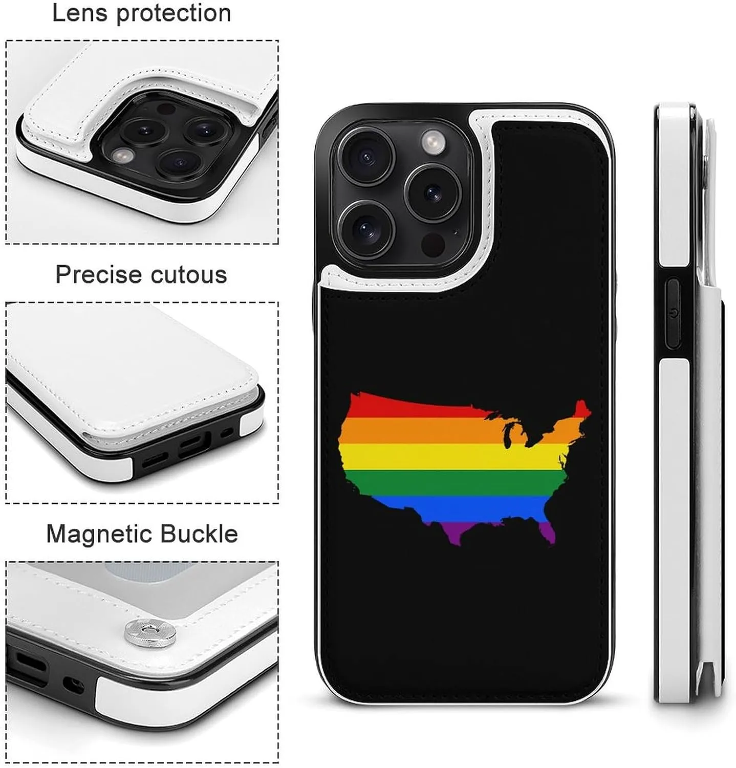 LGBT U.S. Flag Map Printed Flip Wallet Phone Case Compatible with iPhone 15/iPhone 15 Plus/iPhone 15 Pro/iPhone 15 Pro Max Protective Cover with Card Holder Kickstand