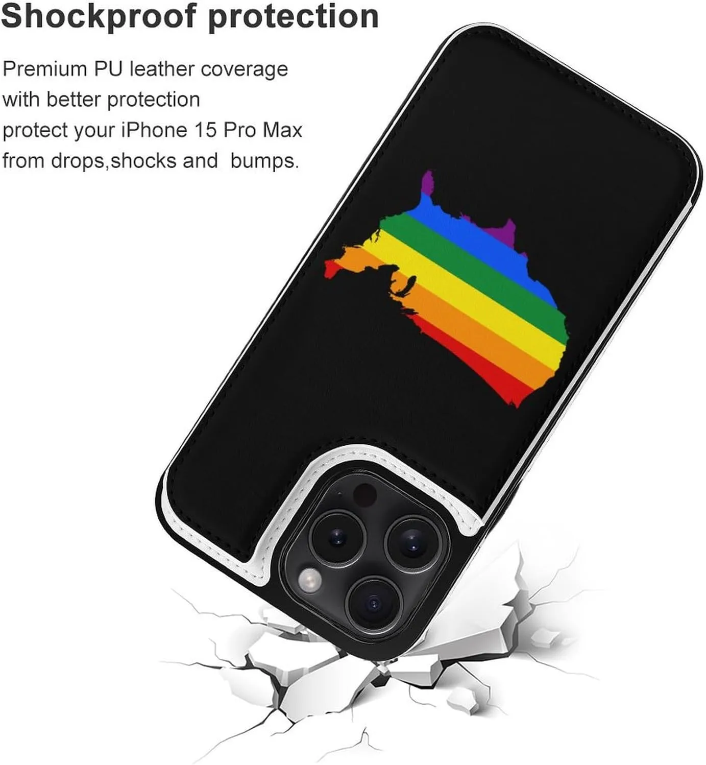 LGBT U.S. Flag Map Printed Flip Wallet Phone Case Compatible with iPhone 15/iPhone 15 Plus/iPhone 15 Pro/iPhone 15 Pro Max Protective Cover with Card Holder Kickstand