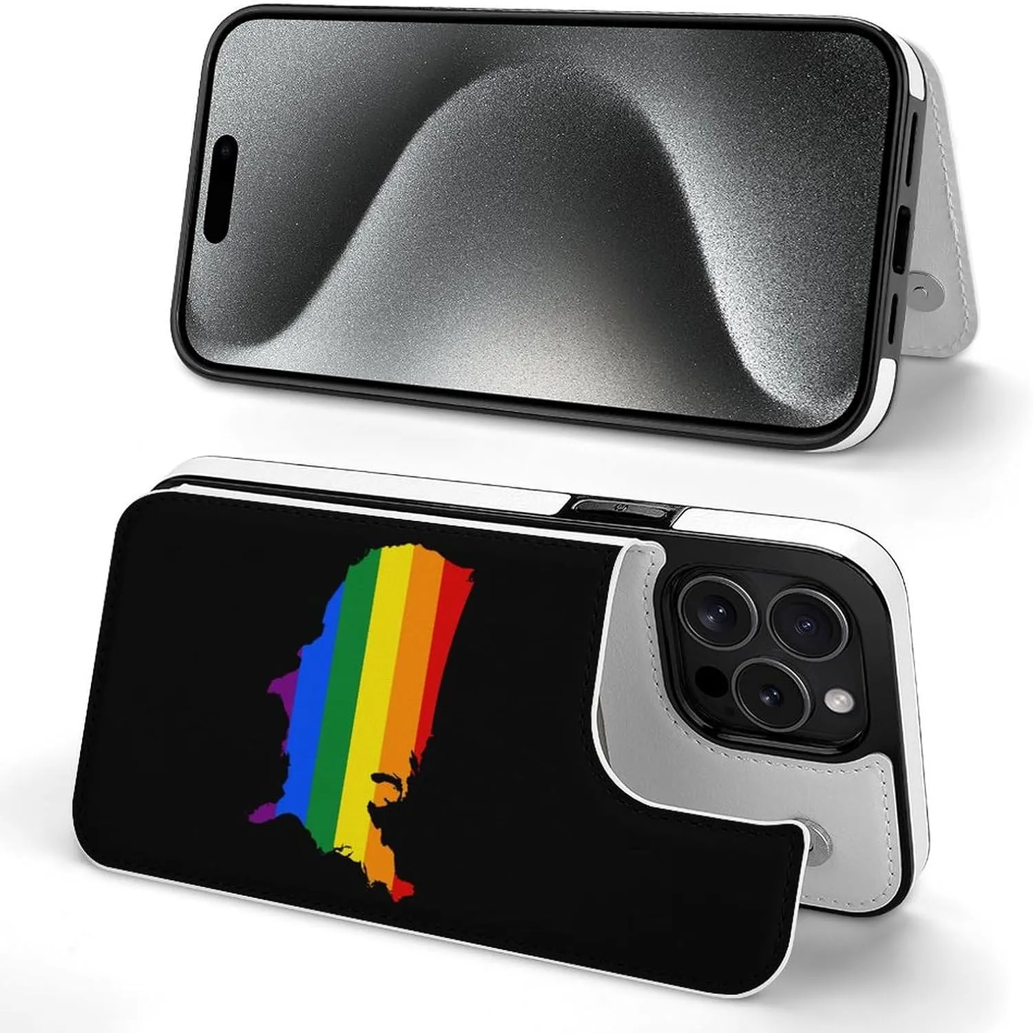 LGBT U.S. Flag Map Printed Flip Wallet Phone Case Compatible with iPhone 15/iPhone 15 Plus/iPhone 15 Pro/iPhone 15 Pro Max Protective Cover with Card Holder Kickstand