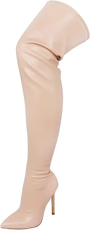 Liliana Women Faux Leather Pointy Toe Thigh High Single Sole Stiletto Boot