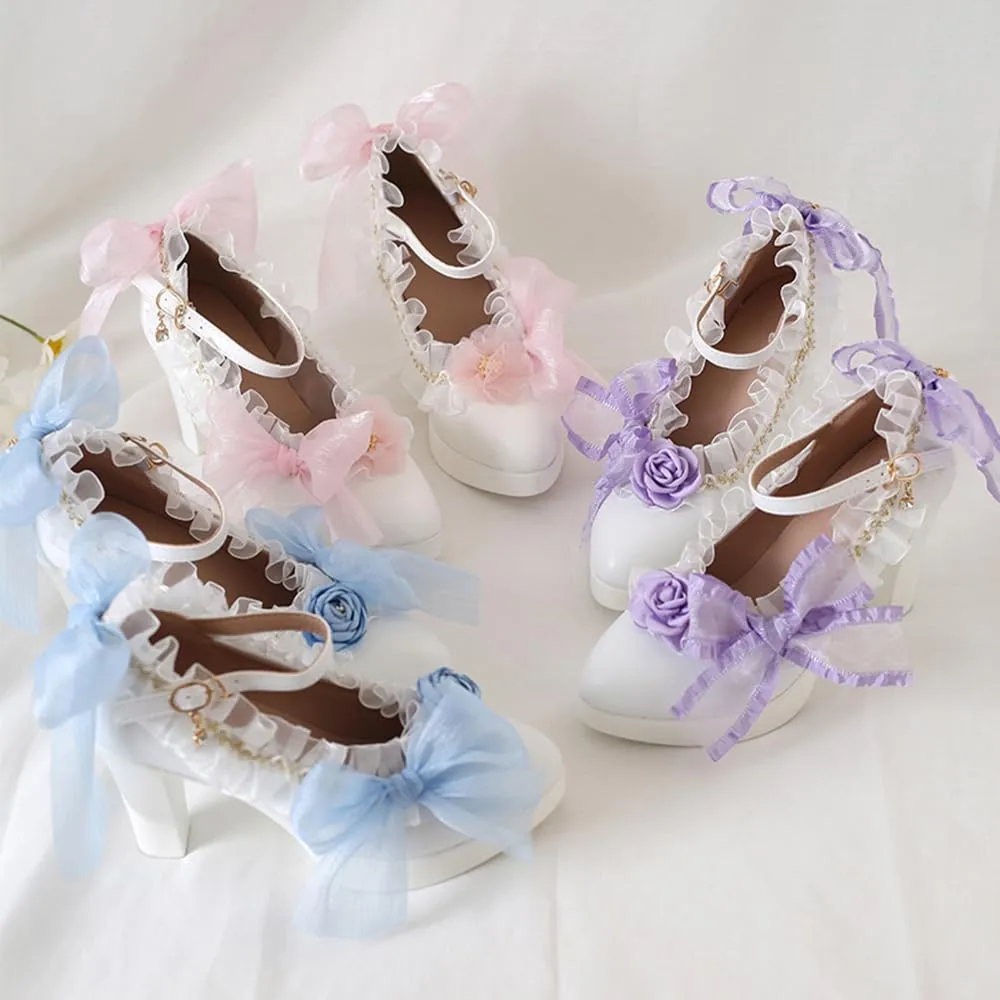 Lolita high Heels lace Bow high Heels Elegant Pointed Sandals Bold Heel Heel Height 6cm (4.5, Pink)