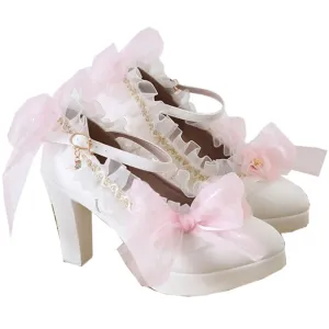 Lolita high Heels lace Bow high Heels Elegant Pointed Sandals Bold Heel Heel Height 6cm (4.5, Pink)