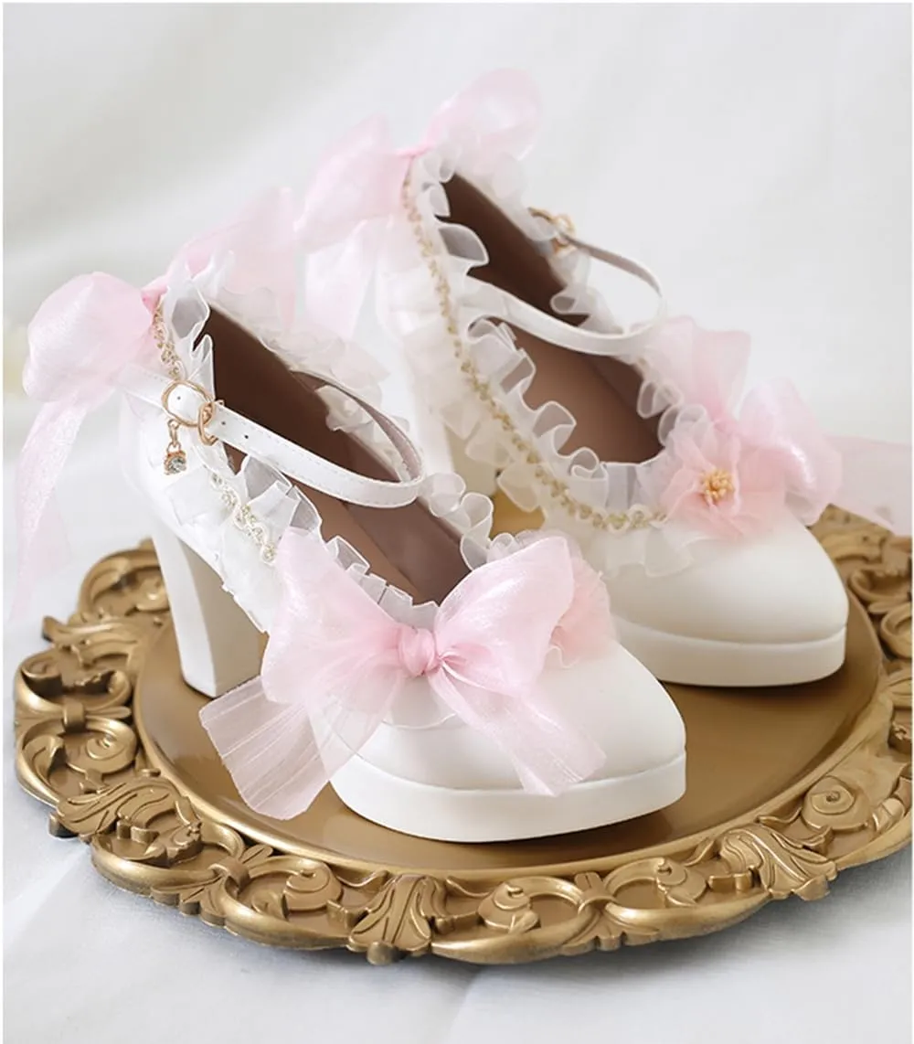 Lolita high Heels lace Bow high Heels Elegant Pointed Sandals Bold Heel Heel Height 6cm (4.5, Pink)