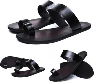 Lossarye Men's Black PU Leather Flat Flip Flops Slide Sandals Comfortable Toe Ring Slip On Casual Thong Sandals Summer Non-Slip Beach Slippers for Indoor Outdoor