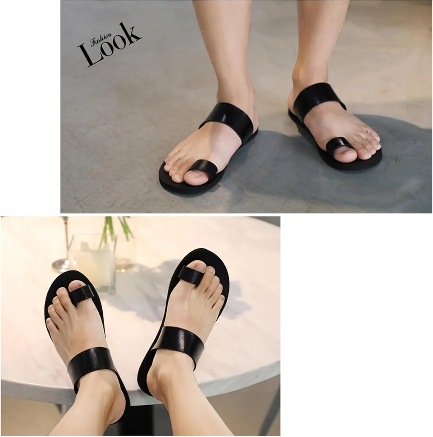 Lossarye Men's Black PU Leather Flat Flip Flops Slide Sandals Comfortable Toe Ring Slip On Casual Thong Sandals Summer Non-Slip Beach Slippers for Indoor Outdoor