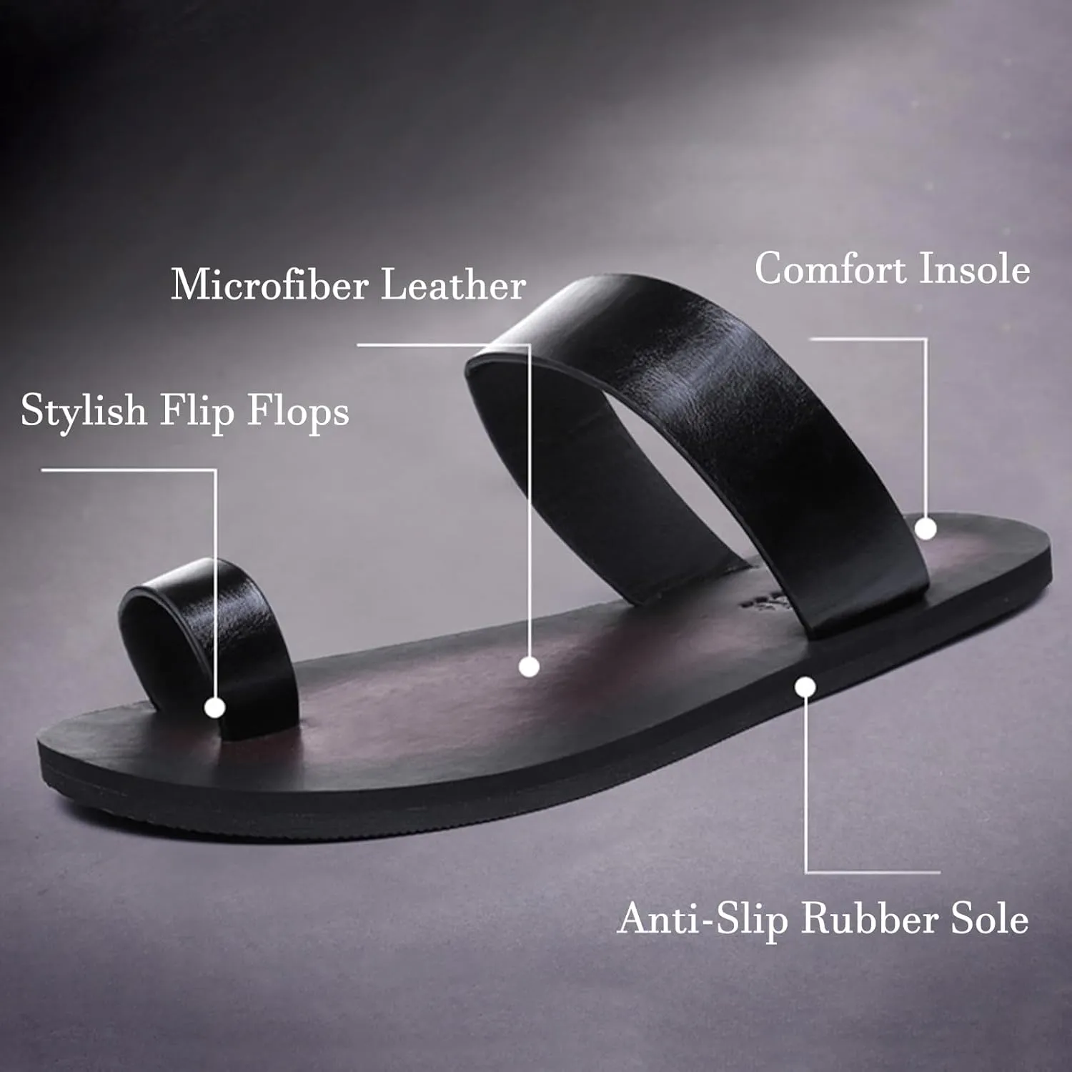 Lossarye Men's Black PU Leather Flat Flip Flops Slide Sandals Comfortable Toe Ring Slip On Casual Thong Sandals Summer Non-Slip Beach Slippers for Indoor Outdoor