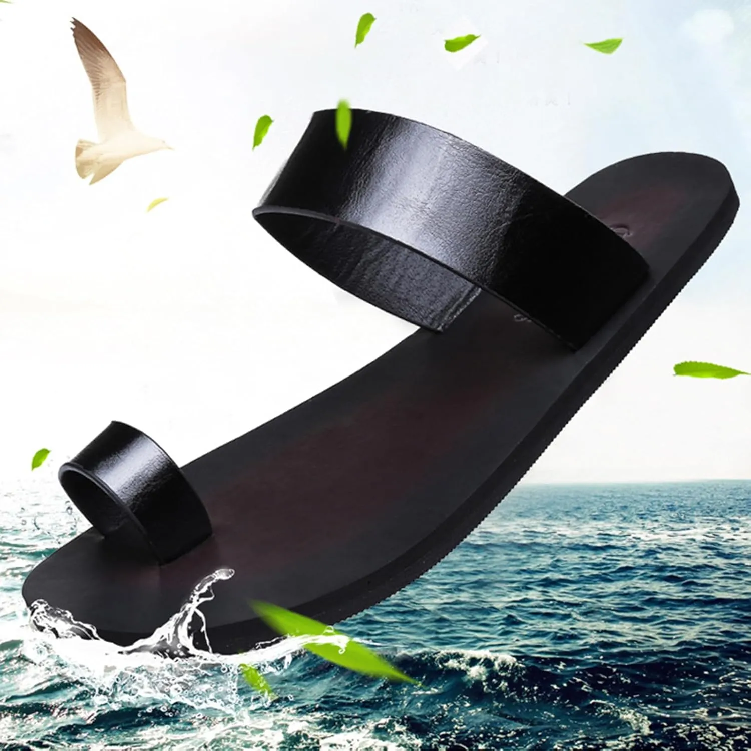 Lossarye Men's Black PU Leather Flat Flip Flops Slide Sandals Comfortable Toe Ring Slip On Casual Thong Sandals Summer Non-Slip Beach Slippers for Indoor Outdoor
