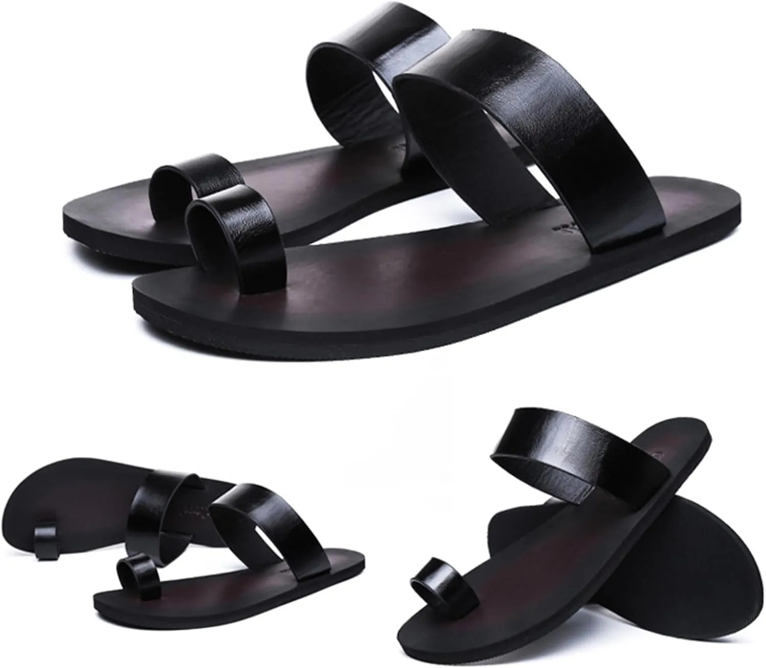 Lossarye Men's Black PU Leather Flat Flip Flops Slide Sandals Comfortable Toe Ring Slip On Casual Thong Sandals Summer Non-Slip Beach Slippers for Indoor Outdoor