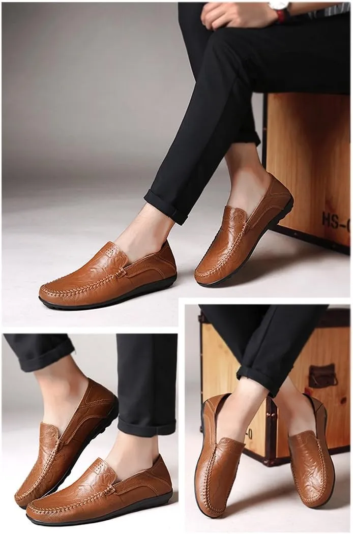 LOUECHY Men's Leather Slip-On Loafer Lightweight Driving Shoes Casual Moccasin Slipper