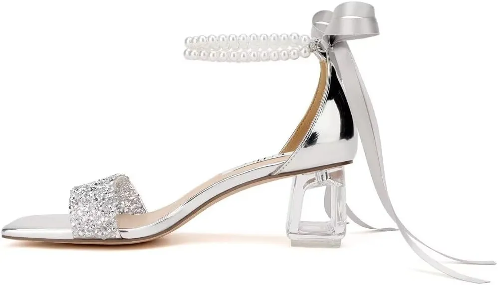 Low Block Heel Wedding Shoes for Bride Clear Heel Sandals Sequin Bridal Shoes Pearl Heels