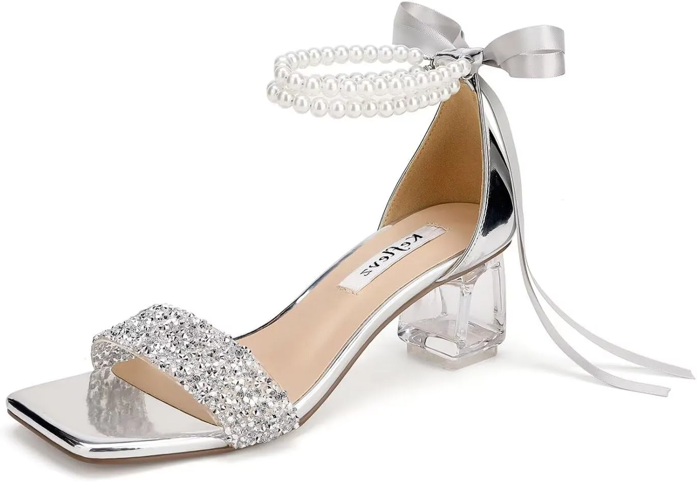 Low Block Heel Wedding Shoes for Bride Clear Heel Sandals Sequin Bridal Shoes Pearl Heels