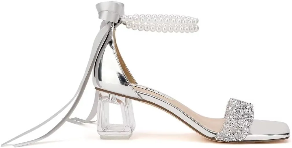 Low Block Heel Wedding Shoes for Bride Clear Heel Sandals Sequin Bridal Shoes Pearl Heels
