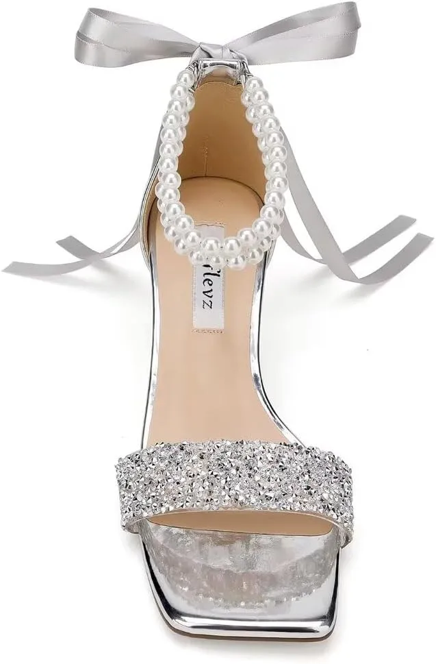 Low Block Heel Wedding Shoes for Bride Clear Heel Sandals Sequin Bridal Shoes Pearl Heels
