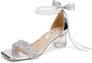 Low Block Heel Wedding Shoes for Bride Clear Heel Sandals Sequin Bridal Shoes Pearl Heels