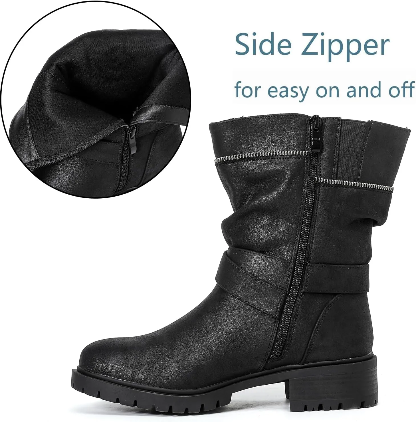 Luoika Women's Wide Width Ankle Boots - Low Heel Side Zipper Slouchy Mid Calf Boots Short Booties.