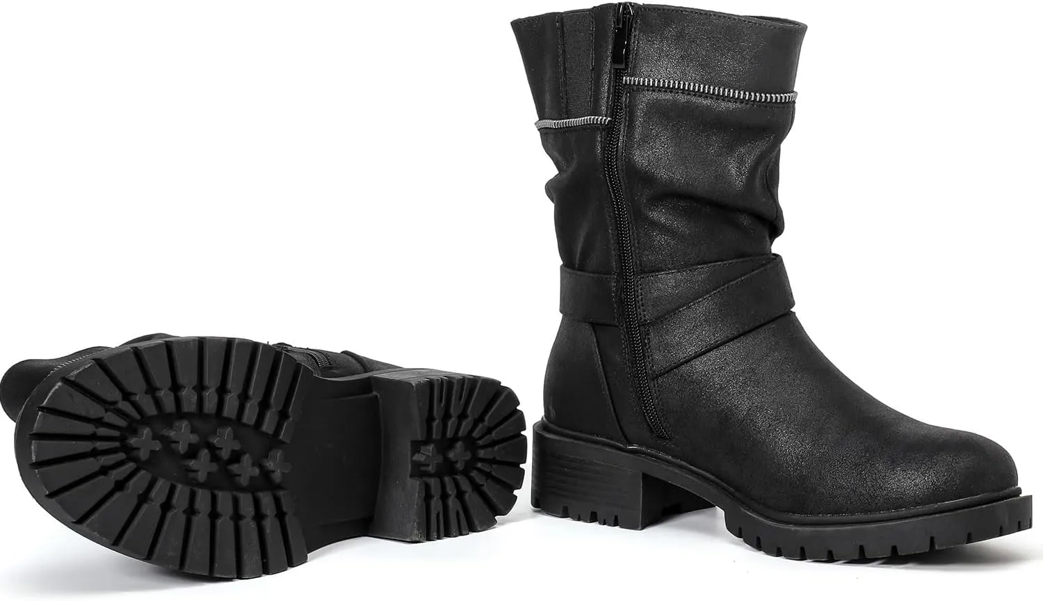 Luoika Women's Wide Width Ankle Boots - Low Heel Side Zipper Slouchy Mid Calf Boots Short Booties.