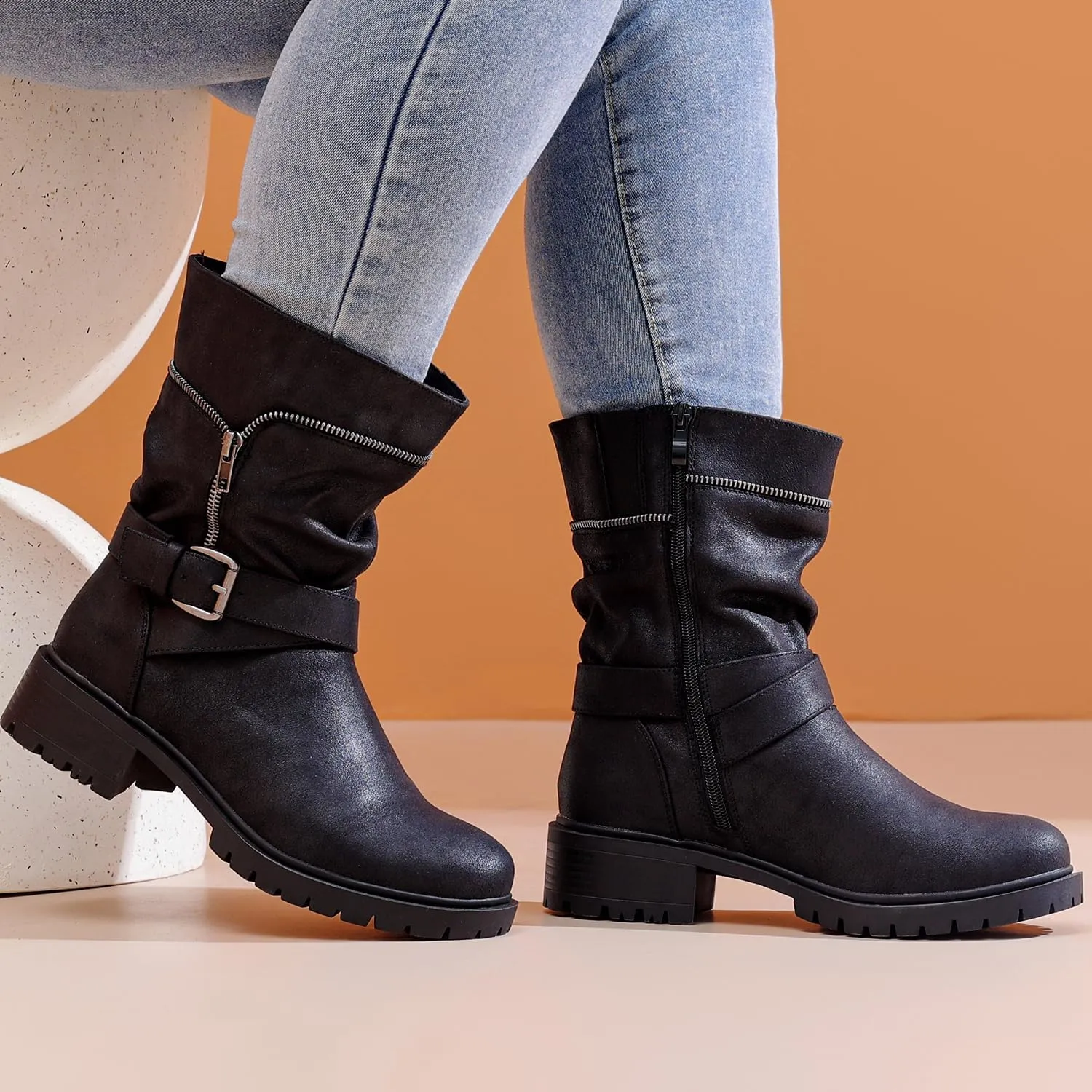 Luoika Women's Wide Width Ankle Boots - Low Heel Side Zipper Slouchy Mid Calf Boots Short Booties.