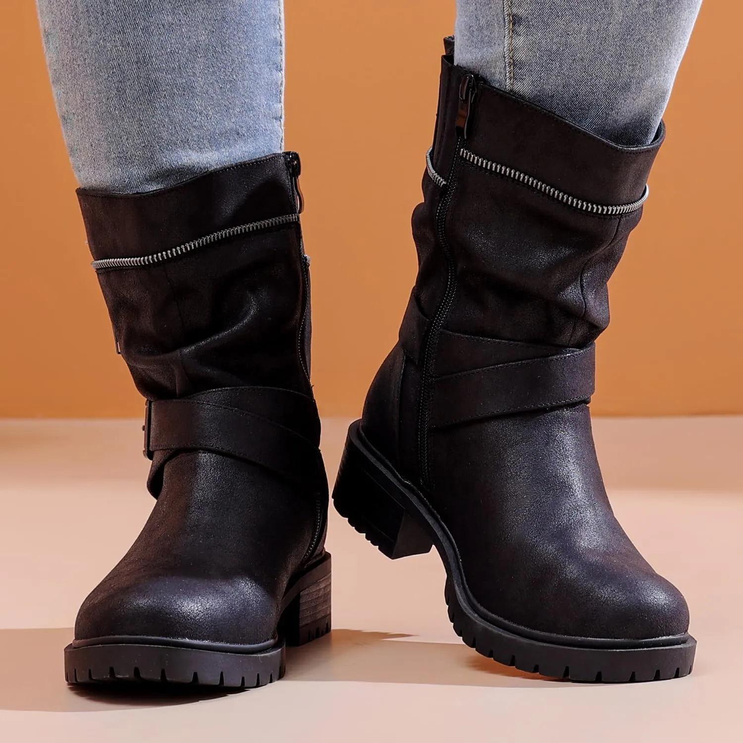 Luoika Women's Wide Width Ankle Boots - Low Heel Side Zipper Slouchy Mid Calf Boots Short Booties.