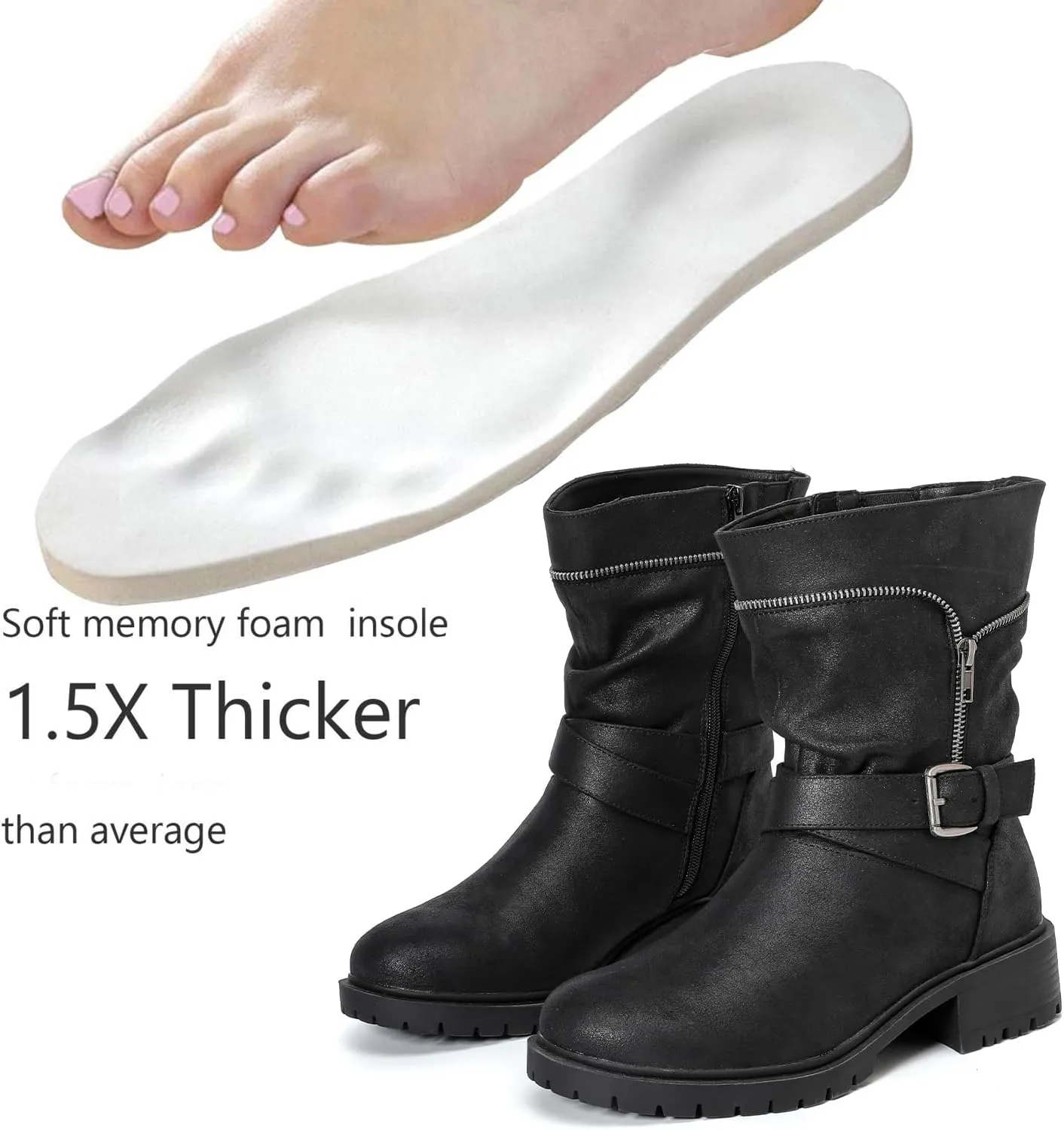 Luoika Women's Wide Width Ankle Boots - Low Heel Side Zipper Slouchy Mid Calf Boots Short Booties.